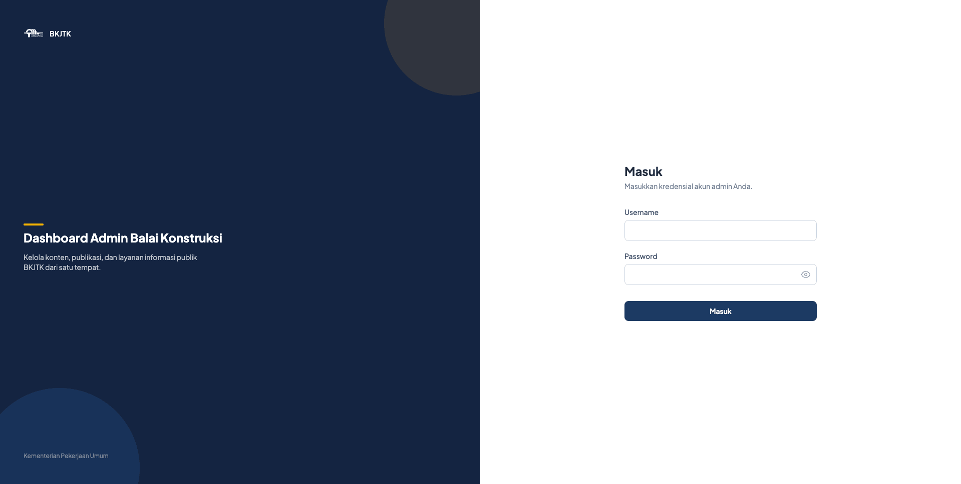 Dashboard admin BKJTK untuk mengelola konten