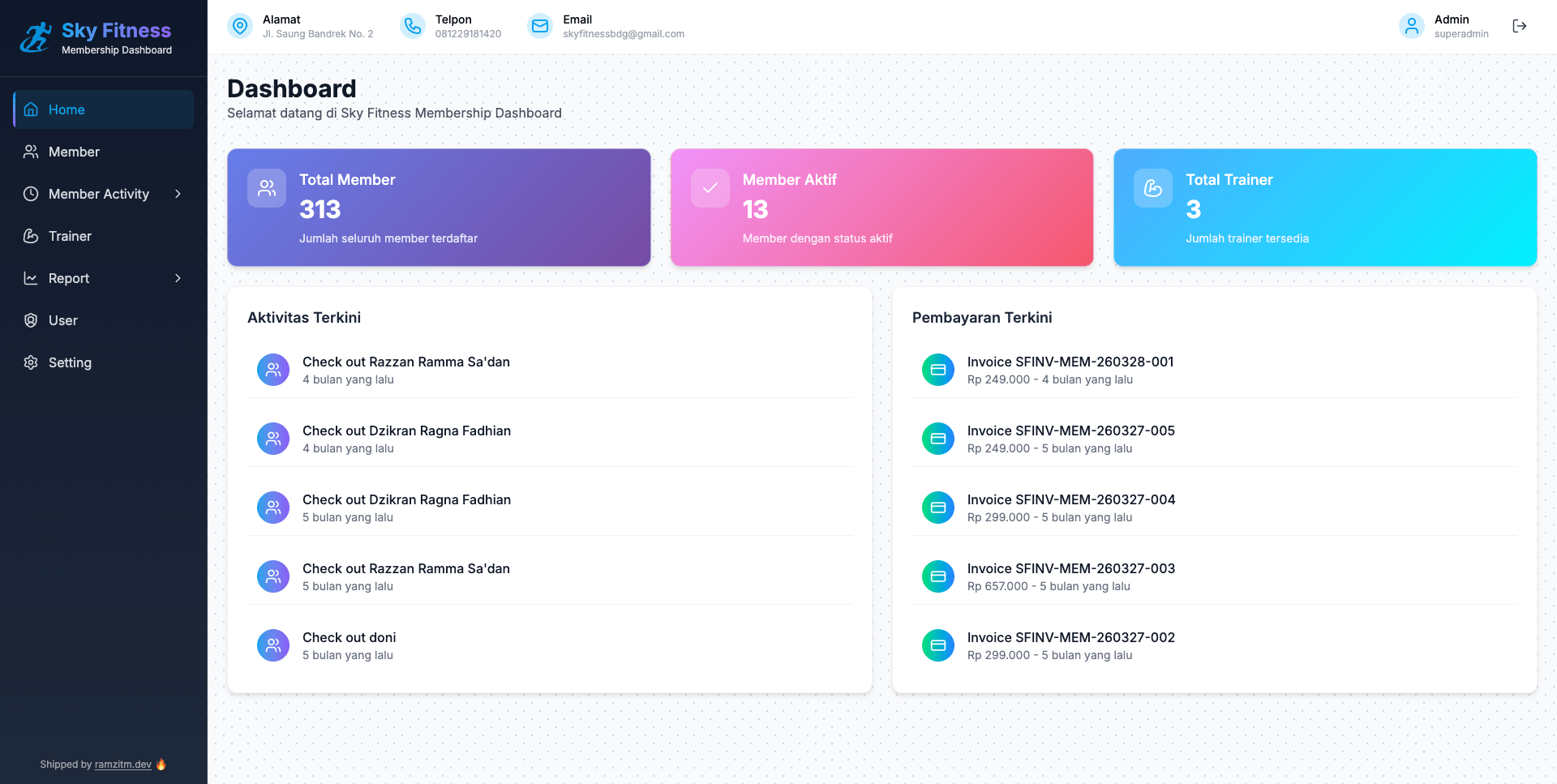 Dashboard manajemen member Sky Fitness
