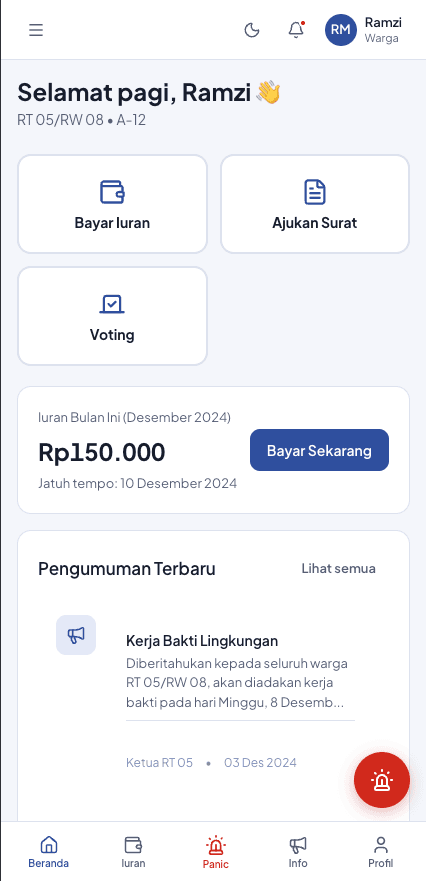 Beranda aplikasi Smart RT dengan menu iuran, surat, dan pengumuman (data contoh)