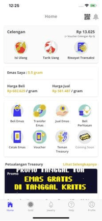 Layar aplikasi Treasury untuk transaksi emas digital